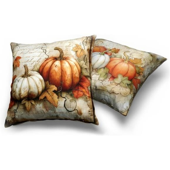 Thanksgiving Fall Pillow Covers Set of 2 18x18 Pumpkin Maple Leaves Outdoor Deco - Picture 4 of 8